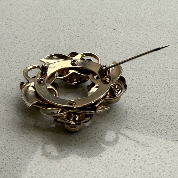 Vintage Brooch Gold Tone Roses Rhinestones Mid-Century Modern MCM - Picture 4 of 8